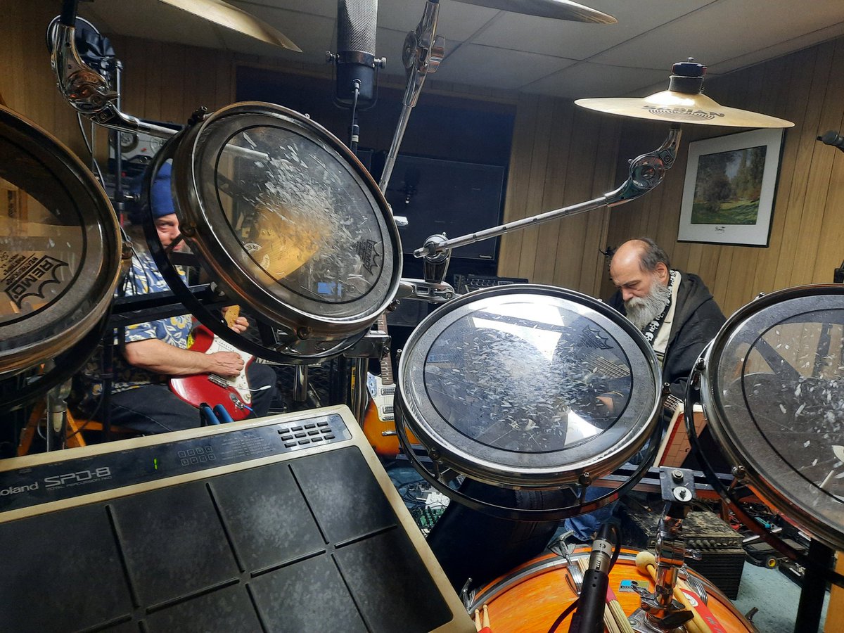 JosephMKavanag1's tweet photo. Another Lethal Friday. Had some fun &amp; we made some progress. Actually attempted songs together. Hooray. Apparently we're doing Come Together again which puts me on the drum kit for a little bit. Strange view from back there but you do get a chair. #Bandstuff https://t.co/pntEO6i8Wc