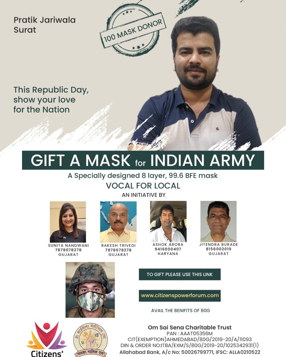 CitizenPowerFo1's tweet photo. Thank you Pratik Jariwala  for extending your support and donating 100 masks for our Indian Army.

#giftamask #maskuparmy #indianarmy #army #citizenspowerforum https://t.co/0xaqTqokjJ