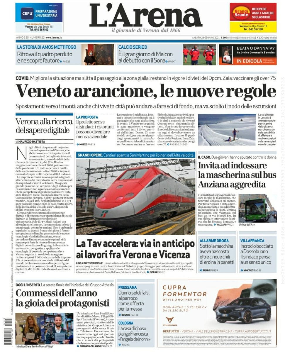 larenait's tweet photo. Prima pagina di sabato 23 gennaio 2021
#Larenaoggi https://t.co/EszNuWTGRw #COVID19
#Commessidellanno Oggi l’inserto
#CORONAVIRUS Veneto arancione, nuove regole
#Grandiopere La #Tav accelelera
#ColognaVeneta La #casadiriposo piange Francesca Garolla
@telearenatv
@RadioVerona https://t.co/OFnh2W8cCk
