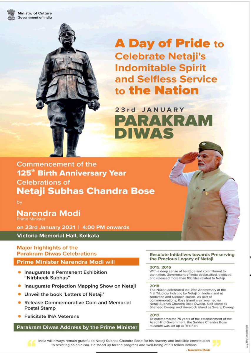 PiyushGoyal's tweet photo. Netaji Subhas Chandra Bose is one of our most beloved national heroes &amp; an icon of India's freedom movement.

On his 125th birth anniversary, PM @NarendraModi ji will attend #ParakramDivas celebrations in Kolkata, West Bengal.

🗓️ 23rd January

🕓 4 PM

📽️ https://t.co/Q3RtrFbgtP https://t.co/WvM8qBtCRV