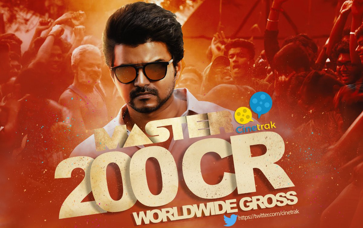 Cinetrak's tweet photo. ' @ActorVijay's #Masterfilm enters ₹200 crore gross club, only actor to have four consecutive films to hit double ton in south. 

Second most for any South Indian Actor after @rajinikanth who was the pioneer into the club. https://t.co/j9NwyniqVc