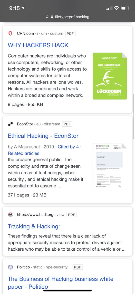 Reflection:Today I learned how to utilize Google to narrow your search down to specific file types and be able to only produce just those results. For example… if I only want to produce pdfs based on hacking I’d type the following string into Google and produce only pdfs.