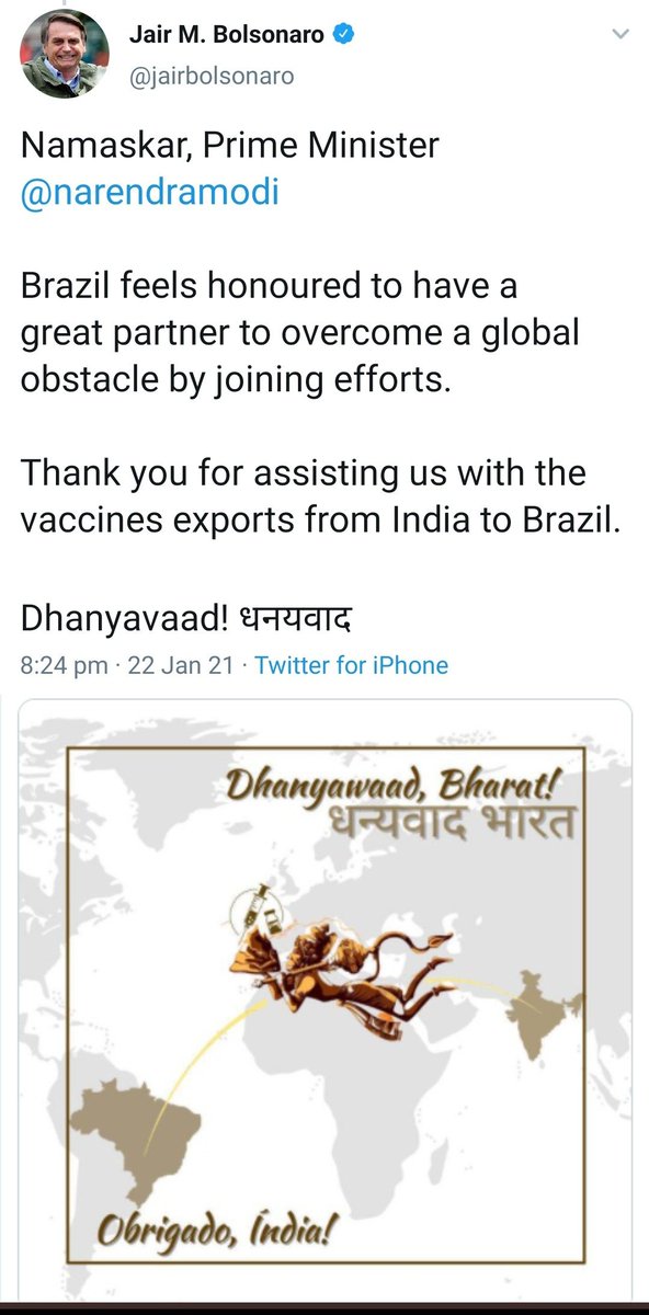 tejasjanitj's tweet photo. Brazil President @jairbolsonaro thanks PM @narendramodi for 'sanjeevni booti' against Covid https://t.co/e36IXLrh5q