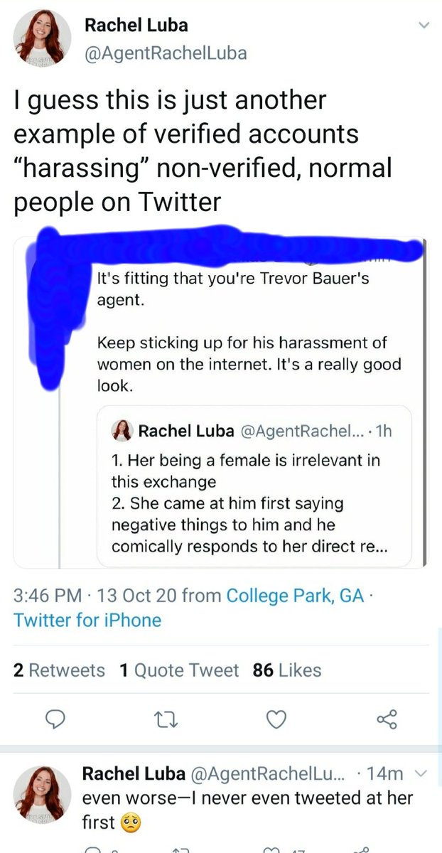  @TheAthletic  @Ken_Rosenthal Bauer quote tweets women so his large number of followers will see it & then some will also harass the person. Here his agent tries to claim she's the victim of that. Luba has >60K followers. The person she targeted here has <9500.