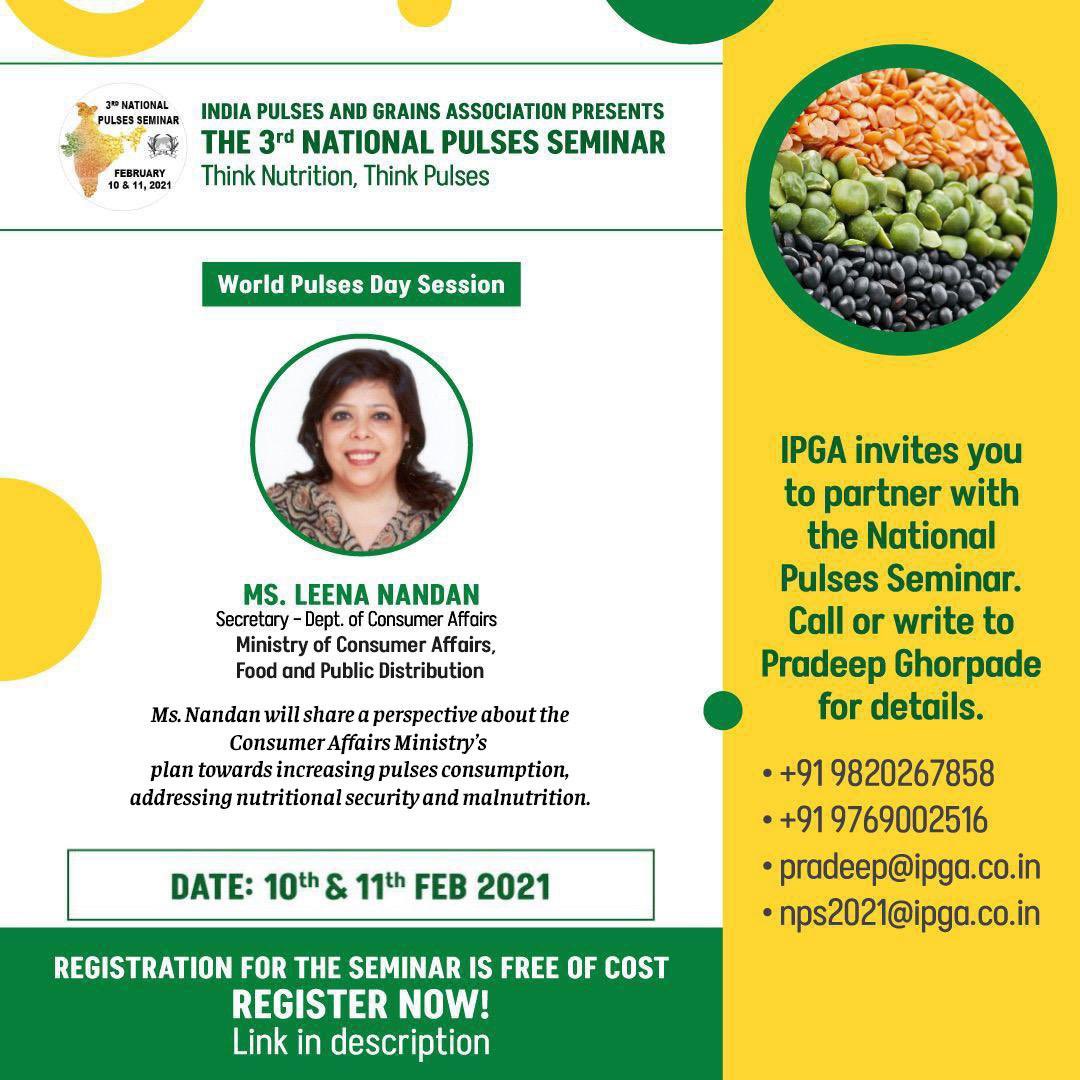 IPGAPulses's tweet photo. IPGA is honoured to welcome MS. LEENA NANDAN, HON’BLE SECRETARY- CONSUMER AFFAIRS, GOVT. OF INDIA as a Speaker at the IPGA National Pulses Seminar.REGISTRATION FOR THE SEMINAR IS FREE OF COST. REGISTER TODAY AT https://t.co/hwF5ZTjLTM
#IPGA #IPGANationalPulsesSeminar #kisansaathi https://t.co/rs0eVTCtOS