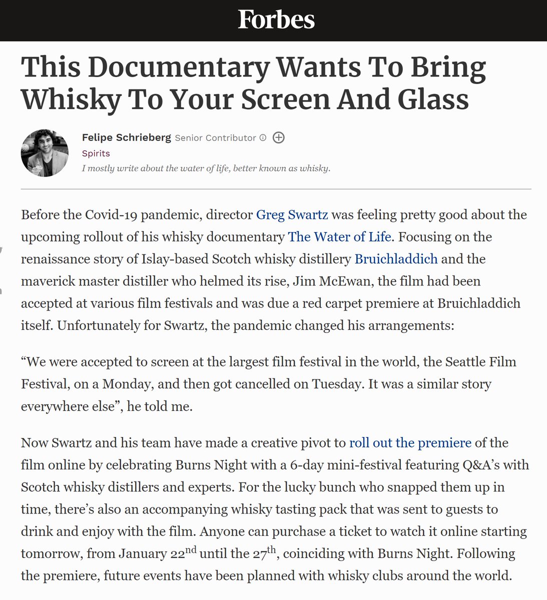 Very many thanks to @schriebergfr for the wonderful write up in @forbes!
forbes.com/sites/felipesc…
#WaterofLifeFilm #singlemalt #Scotch #Whisky #BurnsNight #BurnsNightIn #JimMcEwan