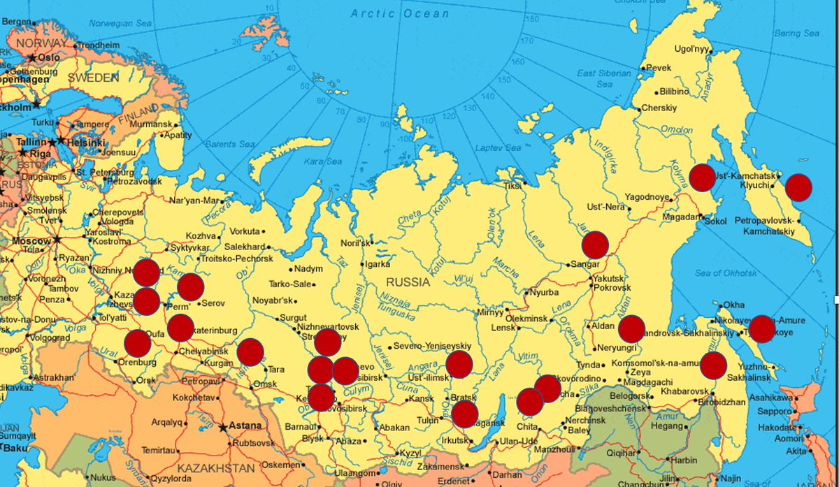 Protests against Putin in Russia so far. In extreme cold (down to -58F). It keeps going. Most likely missed some places. I might crash before it gets to Moscow and St. Petersburg (in two hours.)