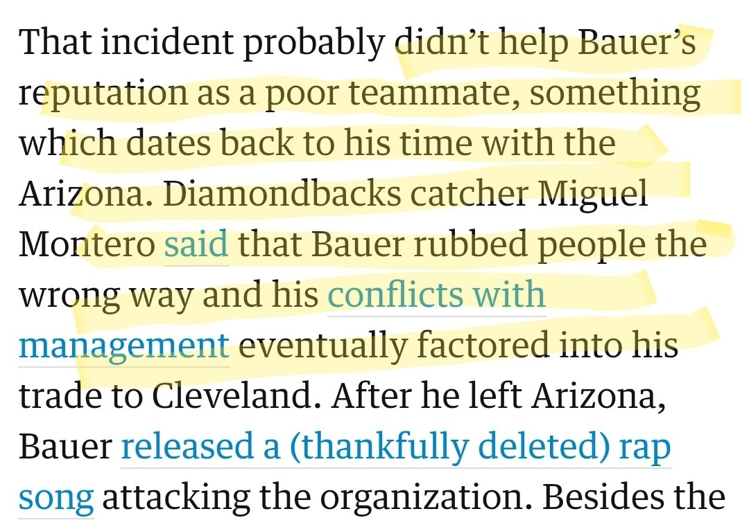  @TheAthletic  @Ken_Rosenthal There's evidence out there he isn't well-liked by all his previous teammates. https://www.cleveland.com/tribe/2017/02/cleveland_indians_pitcher_trev_7.html https://www.theguardian.com/sport/2019/feb/21/why-on-earth-is-climate-skeptic-twitter-troll-trevor-bauer-mlb-most-hated-man https://www.si.com/mlb/2019/02/19/trevor-bauer-cleveland-indians-training-tools-twitter-controversy-cy-young