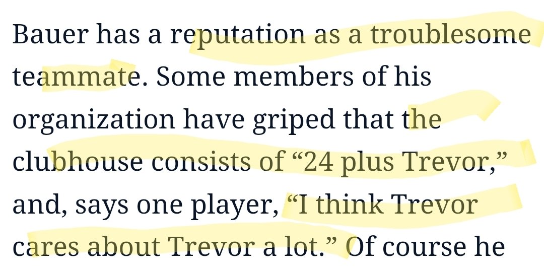  @TheAthletic  @Ken_Rosenthal There's evidence out there he isn't well-liked by all his previous teammates. https://www.cleveland.com/tribe/2017/02/cleveland_indians_pitcher_trev_7.html https://www.theguardian.com/sport/2019/feb/21/why-on-earth-is-climate-skeptic-twitter-troll-trevor-bauer-mlb-most-hated-man https://www.si.com/mlb/2019/02/19/trevor-bauer-cleveland-indians-training-tools-twitter-controversy-cy-young