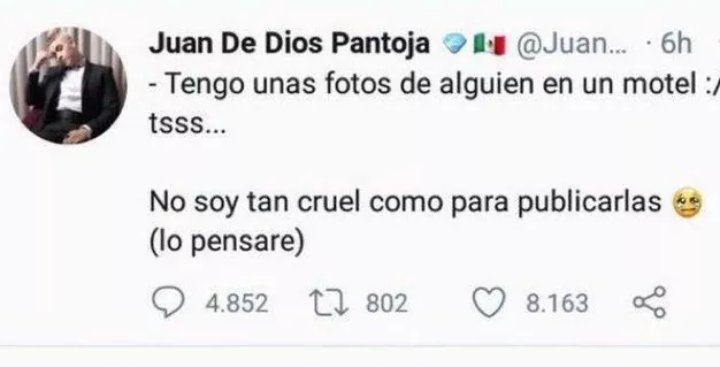 AngelLS16325069's tweet photo. @Juandedios_P Ay Juan, quédate así 🤡🤡
Kenia era tu amiga, la traicionaste, la dañaste psicológicamente, de amigos no te queda hablar porque eres el primero quien tiene cola  que le pisen, así que mejor, calladito te ves más bonito
✨✨ Parecen monedas yo ya ví su doble cara✨✨ https://t.co/r7Wvxi0yuf