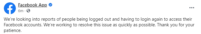 ANCALERTS's tweet photo. Facebook says it's looking into reports of people being logged out and having to login again to access their accounts.

Have you encountered the same problem? https://t.co/QCSpRNJo9t