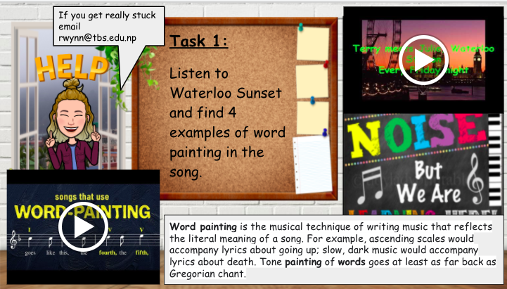 TBSMusicDept's tweet photo. Songwriting in Year 8 this week! 🎤 🎧 🎼 Learning how to use word painting inspired by Waterloo Sunset = Kathmandu Sunset! @TBSKS3 Well done all of Year 8 👏👏👏 https://t.co/B7fhMWcS63