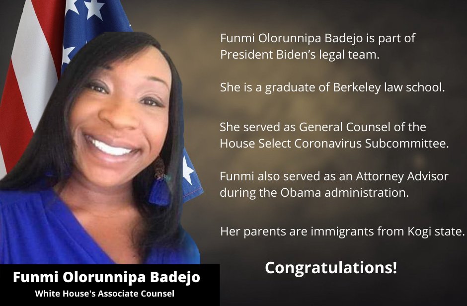U.S. Mission Nigeria (@usinnigeria) on Twitter photo Congratulations to Funmi Olorunnipa Badejo on her appointment as Associate Counsel to the White House! The <a href="/BerkeleyLaw/">UC Berkeley Law</a> alumna is the third Nigerian-American to be appointed by President Joseph Biden’s administration. Kudos! Congratulations to Funmi Olorunnipa Badejo on her appointment as Associate Counsel to the White House! The <a href="/BerkeleyLaw/">UC Berkeley Law</a> alumna is the third Nigerian-American to be appointed by President Joseph Biden’s administration. Kudos!