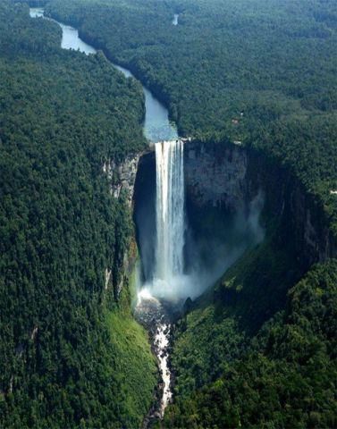 Is Guyana in South America. Our first site is Kaieteur Falls on the Potaro River in Kaieteur National Park. Its total height is 822 feet high and is one of the most powerful waterfalls in the world with an average flow rate of 23,400 cubic feet per second.