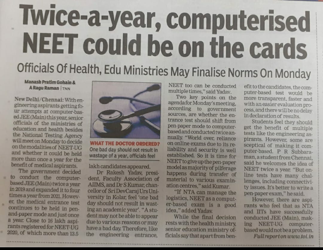 DrAsh_Mahendra's tweet photo. Neet exam can possibly  now  twice a year &amp; online https://t.co/C0Z0nKmaJm