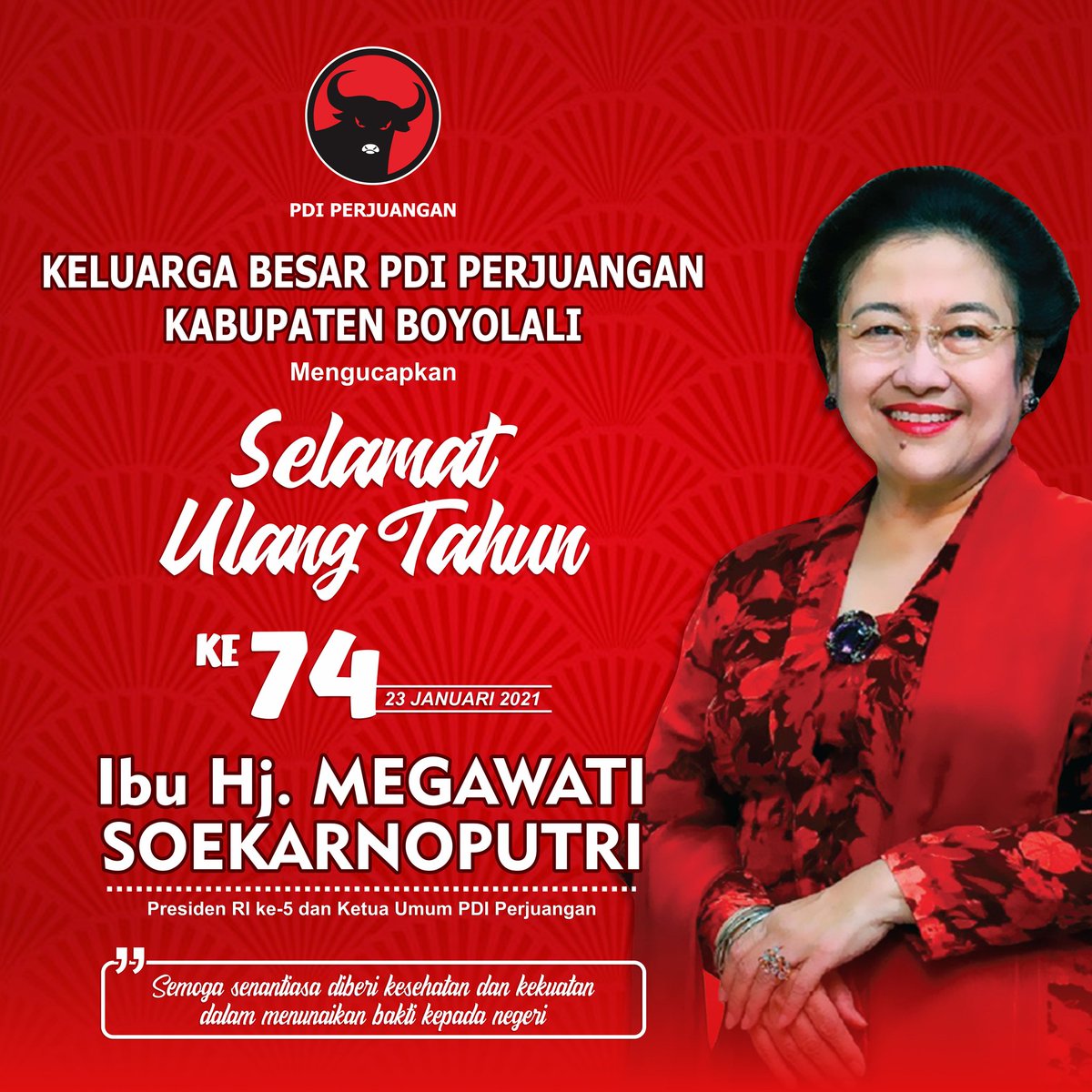Keluarga Besar PDI Perjuangan Kabupaten Boyolali mengucapkan Selamat Ulang Tahun ke-74 Ibu. Hj. Megawati Soekarnoputri Ketua Umum PDI Perjuangan.
.
Semoga senantiasa diberikan kesehatan dan kekuatan dalam menunaikan bakti kepada negeri. Amin.
.
#PDIPerjuangan
#DirgahayuBuMega