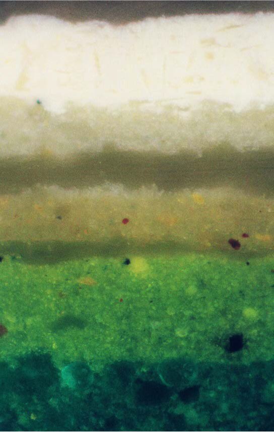 Taking a sample from the walls, conservators observed the paint under a microscope. In their photomicrographs, you can see this rich, dark green paint under the layers of lighter green and white.5/