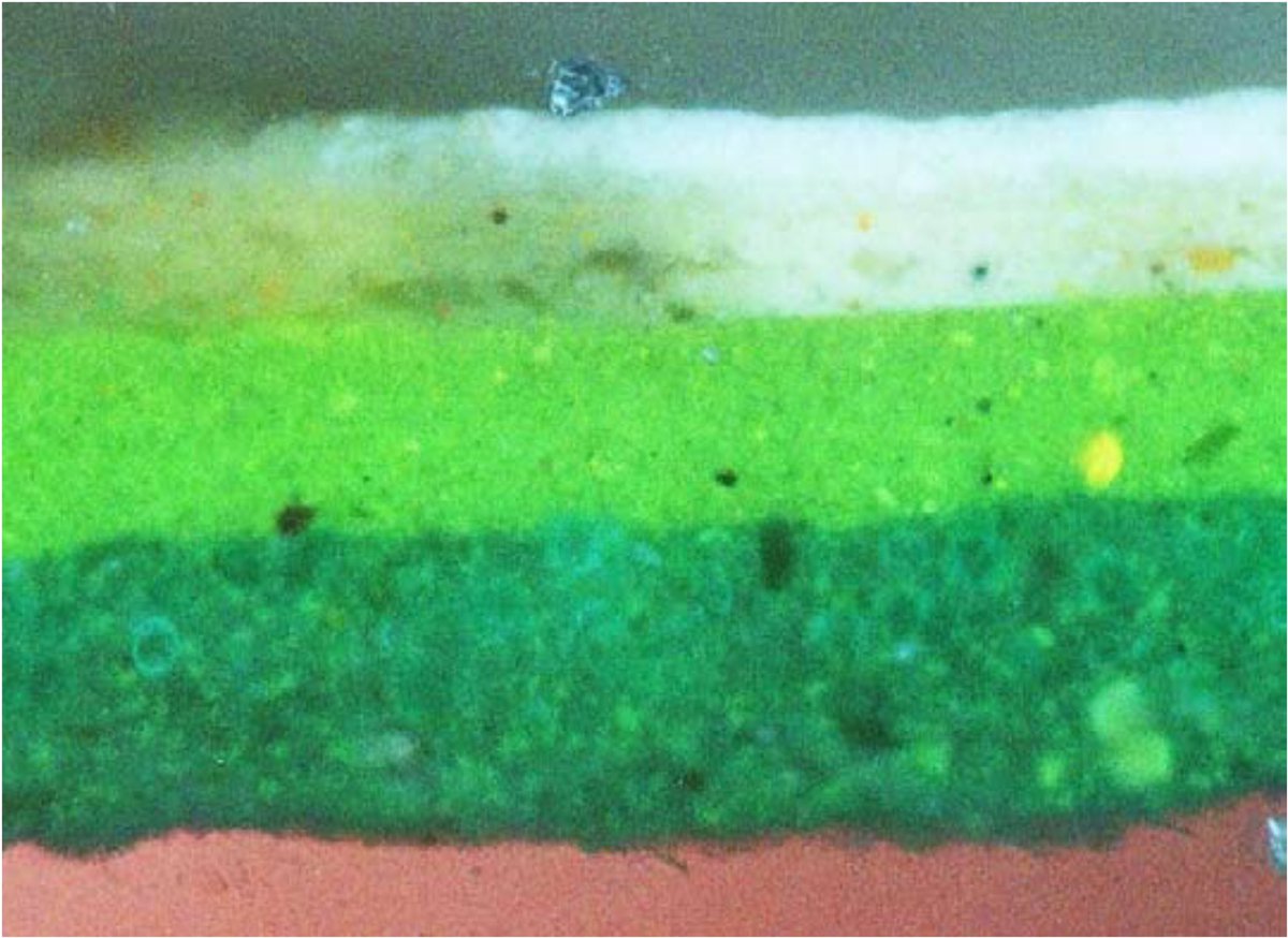 Taking a sample from the walls, conservators observed the paint under a microscope. In their photomicrographs, you can see this rich, dark green paint under the layers of lighter green and white.5/