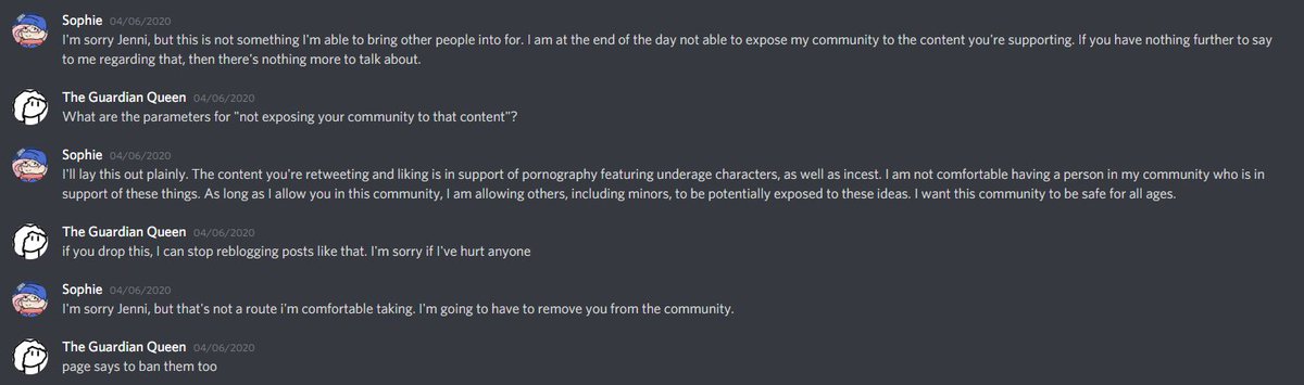 I talked to Jenni hoping for some answers. She confirmed she believed in what she was posting, said she wouldn't retweet it anymore if I let her stay, which I didn't. She was banned, and I didn't hear from her for quite some time