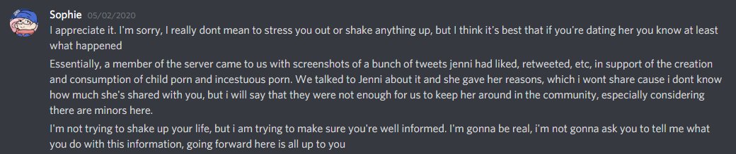 That was pretty much it. The only person I reached out to on my own accord was one of Jenni's partners at the time. I asked if they knew what happened, and they said no. I explained the situation and they broke up with Jenni shortly after on their own accord.