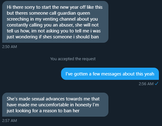 I've been getting DMs from server owners for a couple months now regarding Jenni's server hopping. Just recently, however, I was given the very concerning information that Jenni made unwanted sexual advances to one of these server owners.
