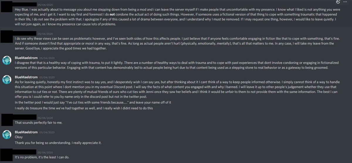 As I mentioned earlier in the thread, the only person I messaged was Jenni's ex. Nobody else messaged me about the situation. As for Jenni's partner, one of my mods DID message her, but it was an amicable discussion, as Jenni's partner used to moderate for my mod.