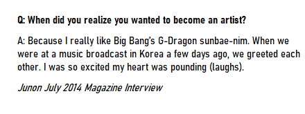 [on WHERE IT ALL BEGAN]Jungkook said that the first time he set his sights on becoming a singer was in elementary school when he saw G-Dragon perform. And then as a trainee his focus shifted to becoming an artist, rather than just a singer.