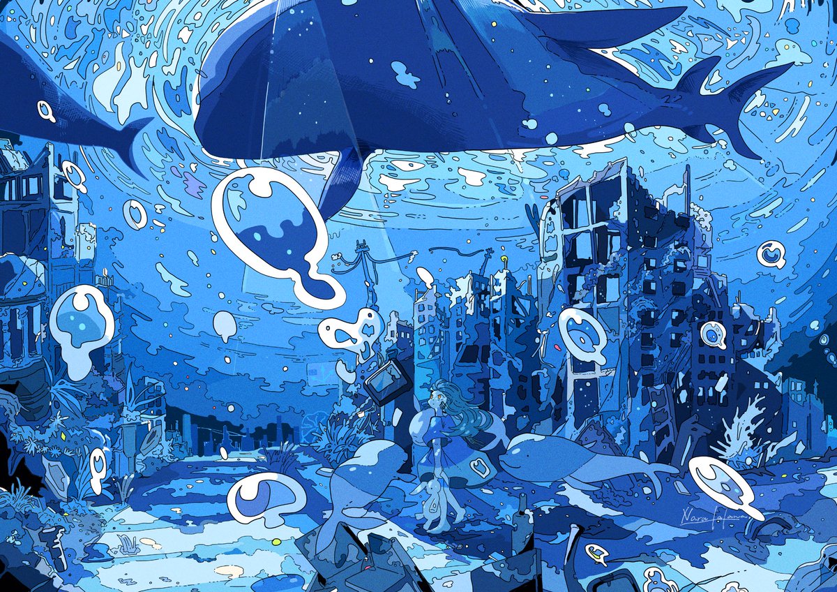 1girl blue theme bubble underwater whale fish scenery  illustration images