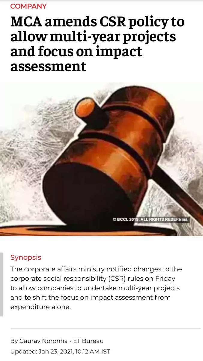#MinistryofCorporateAffairs (MCA) has introduced several changes in  #CSR  policy & mandated #ImpactAssessment for big CSR projects. @NPC_INDIA_GOV having pan India presence & domain expertise in #ImpactAssessmentStudies may be connected for best services. economictimes.indiatimes.com/news/company/c…