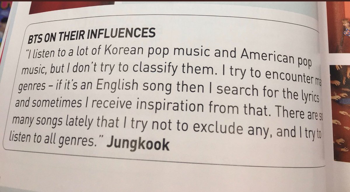 [on HIS TASTE IN MUSIC]When it comes to the question what Jungkook’s taste in music is, Jungkook repeatedly has stated how he keeps an open mind, he doesn’t try to classify and tries listening to all genres and music in different languages.