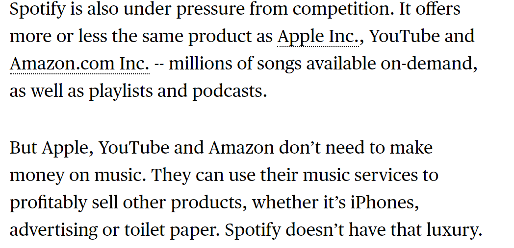 I think Spotify is going to be the rare case of a platform company that will underperform it's aspirations because of the following -Lack of pricing powerLack of bargaining powerNo real benefit from operating leverage -75c variable cost/$ revenue