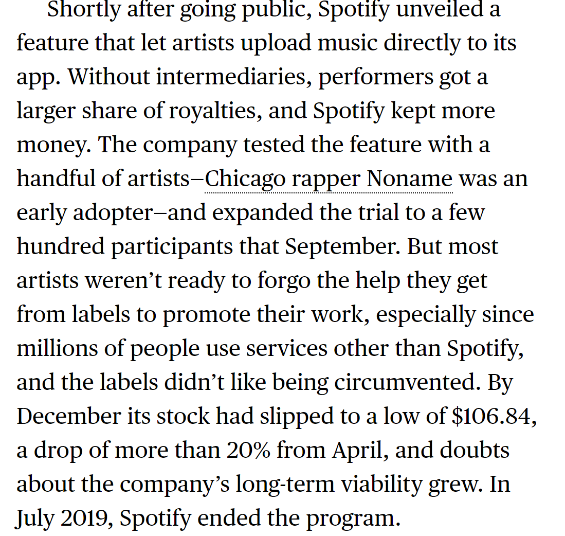 Scrapping the DTC model says a lot - and should spook investors long term. The problem is other services continue to be platforms to distribute their content. The only way Spotify fixes this is to compensate artists for all revenue sources. That would be a lot of cash burn
