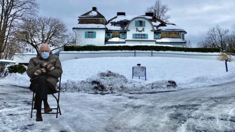 Spotted a special visitor at the Middle School. We are happy to see he arrived dressed for Zurich weather. #Berniesits