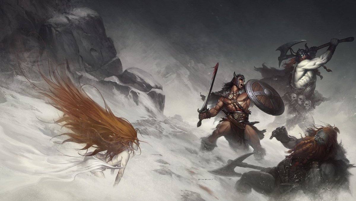 ...madness sweeping through him, roaring black curses, drooling, gnashing his teeth, the veins on his "temples" swelling and throbbing."He did not wonder at the strangeness of it all, not even when two gigantic figures rose up to bar his way."The maiden lures him into a trap.