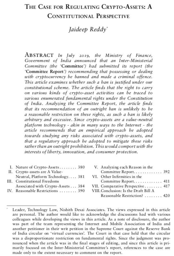 On the news of a potential ban of cryptocurrency in India:1. Let's wait for the text of the Bill. It's not clear that it will be the same as the draft Bill proposed by the committee. That draft Bill was overbearing and arguably unconstitutional. My piece:  https://bit.ly/3cqIzFy&nbsp;