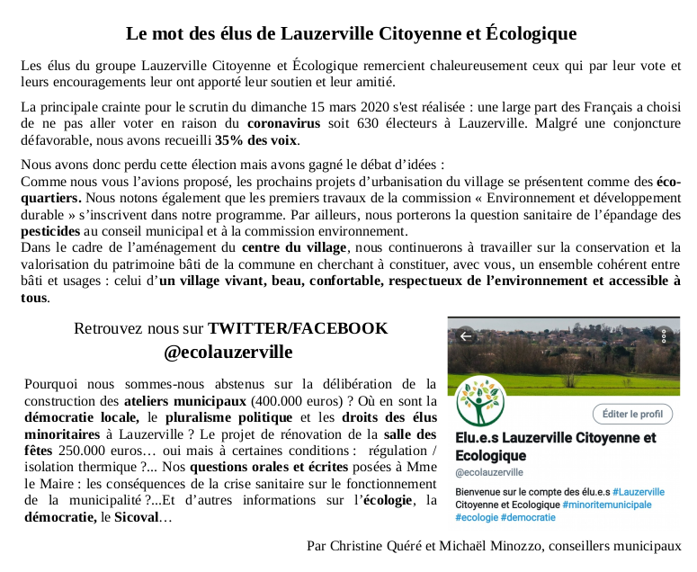 C'est avec conviction démocratique et volonté de communiquer une information fidèle à notre engagement électoral que nous occupons la #TribuneLibre du groupe minoritaire dans #LeLauzervillois.