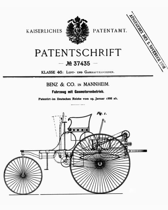 Un Enero hace 135 años, Carl Benz solicitó la patente para su modelo "Motorwagen". La patente No. 37435, concedida por la oficina de patentes imperial para este "vehículo con motor de gasolina" era el certificado de nacimiento del automóvil. Mercedes-Benz