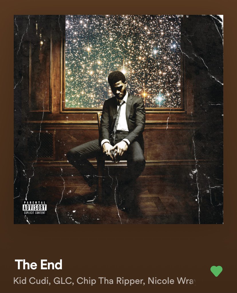 Track 14: The EndCudi acknowledges his past mistakes & learns to never repeat them again on “The End”. The track continues the topic of overcoming demons, with Cudi realizing that despite coke feeling helpful to him at first, it’s only making his life worse than it already is