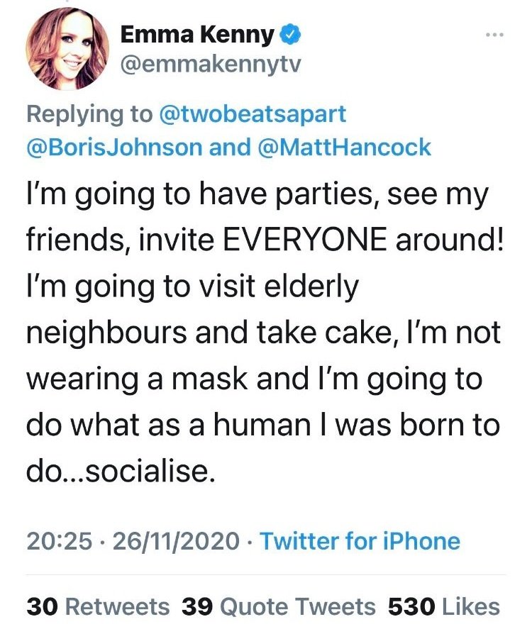 This tweet from  @emmakennytv said it all. To support elderly neighbours is creditable, but to make a point of doing so not wearing a mask?To have parties? See friends? Invite "EVERYONE" round? It appears irresponsible beyond words to me. What an example to set others 