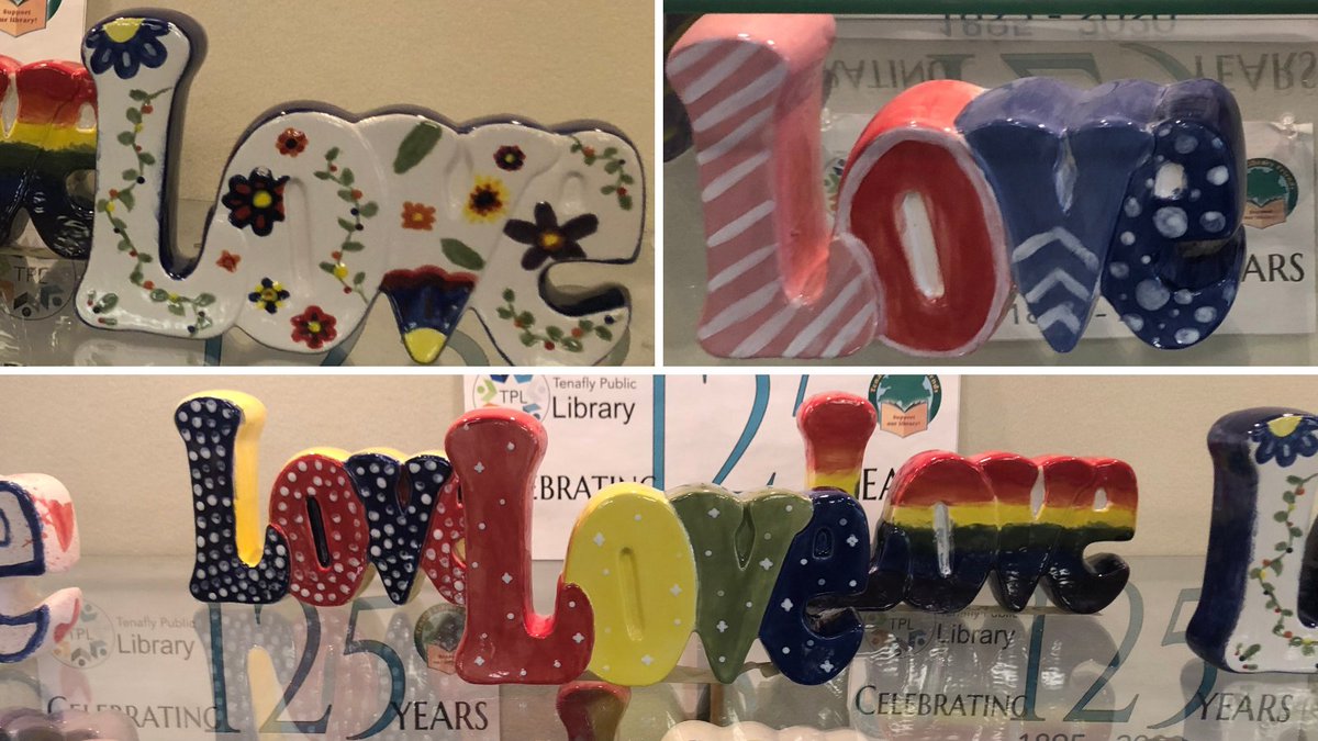 TenaflyLibrary's tweet photo. A few uniquely painted LOVE sculptures (supplied by Creatively Yours) decorated by Tenafly teens. In March, we'll collaborate a second time with Creatively Yours for NJ Maker Day. Registration info coming soon. #allyouneedislove #creativelyyours #njmakersday #tenaflylibrary https://t.co/H7nJrhsJfw