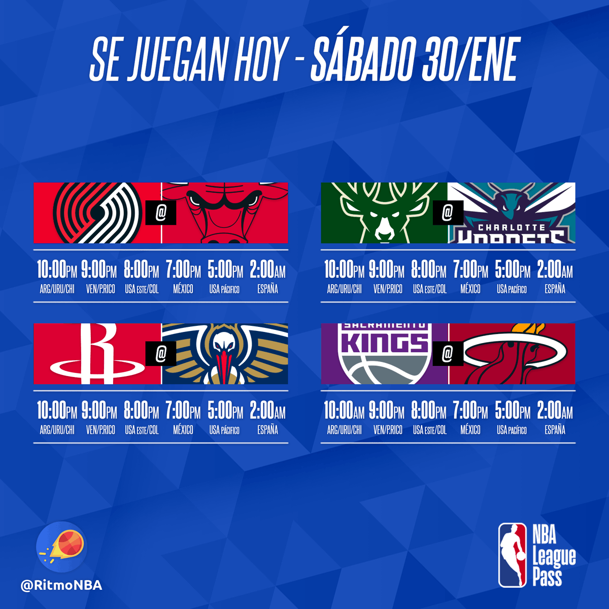 RitmoNba's tweet photo. ๐ Semana #6 - Jornada #39 ๐
Hay ocho partidos esta noche, uno relatado y comentado por @AlvaroNBAMartin y @CoachCMorales. ยกNo te lo pierdas!
#nbaenespanol #noticiasnba #alvaromartin #nba #nbaleaguepass #venalanba https://t.co/lJYdKIcqQA