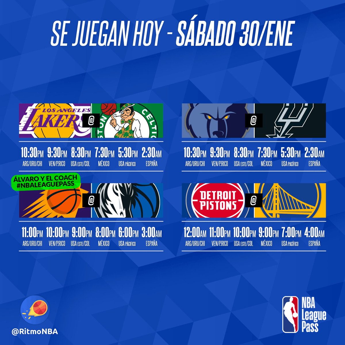 RitmoNba's tweet photo. ๐ Semana #6 - Jornada #39 ๐
Hay ocho partidos esta noche, uno relatado y comentado por @AlvaroNBAMartin y @CoachCMorales. ยกNo te lo pierdas!
#nbaenespanol #noticiasnba #alvaromartin #nba #nbaleaguepass #venalanba https://t.co/lJYdKIcqQA