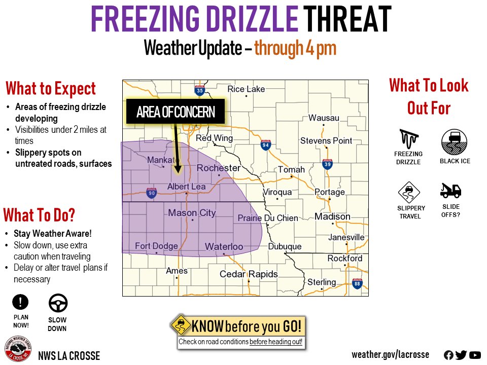 NWSLaCrosse's tweet photo. #FreezingDrizzle will spread across parts of SE MN, NE IA this afternoon. Slick travel on untreated roads possible - exercise caution. Wet looking roads could be icy-treat them as such. #KnowBeforeUGo #mnwx #iawx #wiwx https://t.co/Q8Kst7Fdkl