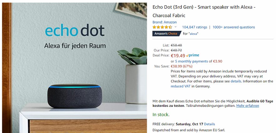 Let's start with the  @amazon echo dot (3rd gen) ... I have bought it a while ago for 20 euros.