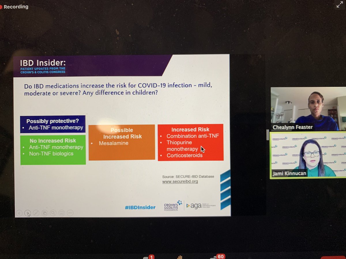 ownyourcrohns's tweet photo. @ibdgijami & Chealynn on #IBD meds & #COVID risk: anti-TNF mono therapy & VDZ & UST may be protective. Steroids highest risk & use of combo therapy w/ thiopurines assoc w/ higher risk. Mesalamine is a possible higher risk. More studies needed. #IBDInsider #CCCongress21 https://t.co/NG7baiBiNr