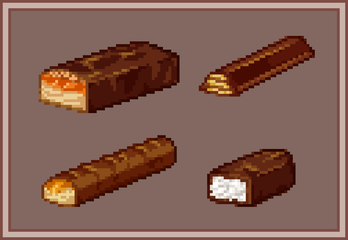 Rappenem's tweet photo. An assortment of chocolate bars 

#pixelart #DigitalArtist #aseprite https://t.co/rPWsRwydXg