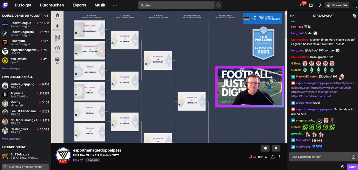 Yes - wir sind live mit einem brandneuen Turnier /// FIFA #ProClubs  EU --- mit unseren Partnern @GamersAcademy4 <a href="/ispo/">ISPO</a> <a href="/ForceofD/">ForceofDisruption</a>  --- Looking forward twitch.tv/esportmanagerd…