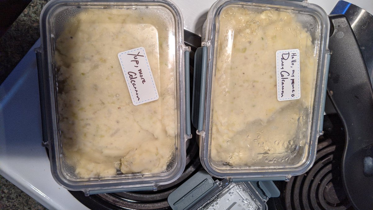 HaughtonScience's tweet image. So I came from a family of five and I admit I don't know how to cook small amounts. These are the left overs from a few days ago when I made colcannon. Partner labeled them and I just noticed 🤣 for any West Wing fans you'll enjoy this
