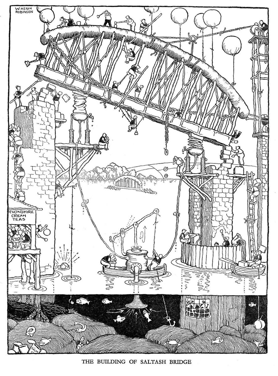 MrTimDunn's tweet photo. For years, thanks to W.Heath Robinson, I believed that this was how Brunel and the Cornwall Railway (GWR) erected the Royal Albert Bridge. I’ve also always called it the Saltash Bridge, because names stick when you’re seven. #TheArchitectureTheRailwaysBuilt https://t.co/DHi96G2VvD
