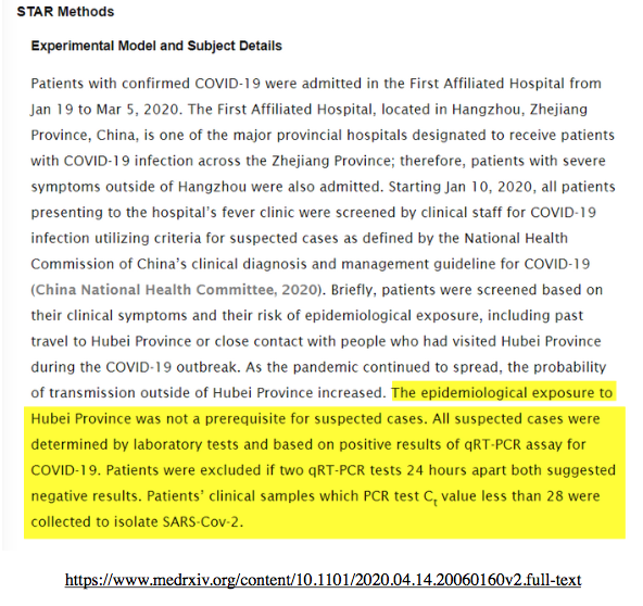 19/ ..'positive qRT-PCR test results for COVID-19. Patients were excluded if two qRT-PCR tests 24 hours apart both gave negative results. Clinical samples from patients whose PCR test gave a Ct value of less than 28 were collected for isolation of SARS-Cov-2.” [image]